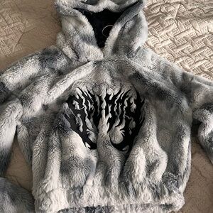 SCUMMY BEAR Cozy Faux-Fur Gray Hooded Sweater with Tree Graphic